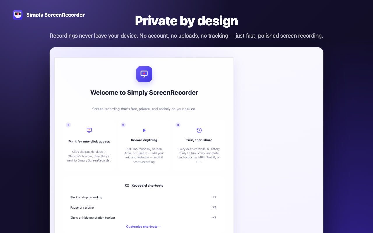 Simply ScreenRecorder welcome screen explaining private on-device recording